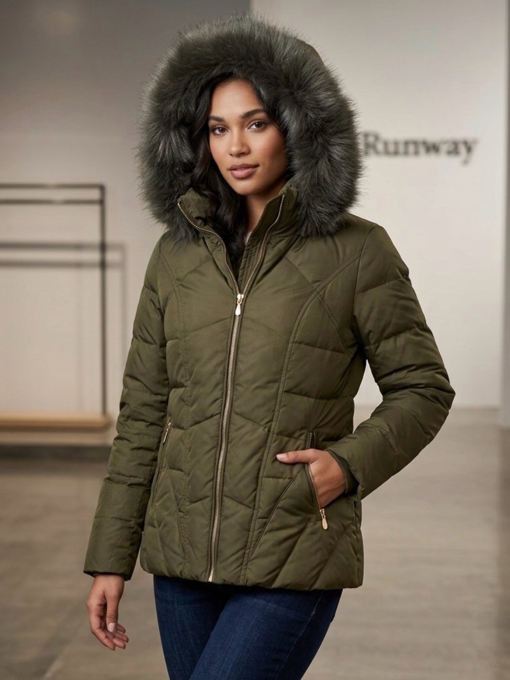 Madison Olive Green Quilted Puffer Jacket with Faux Fur Hood